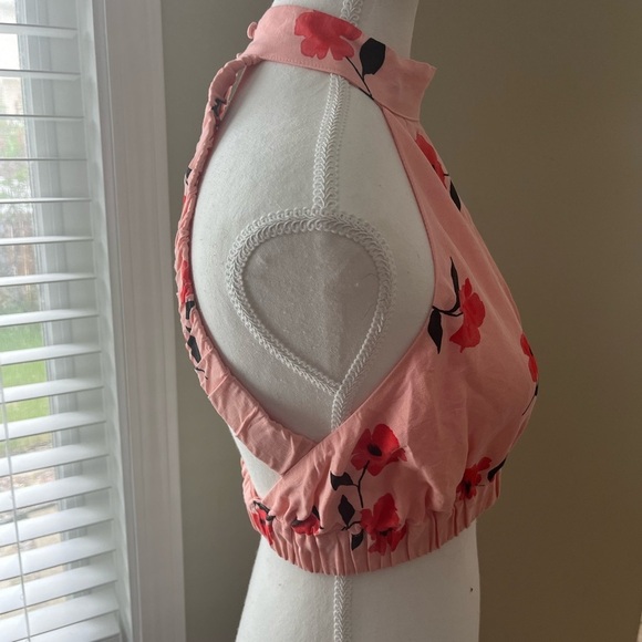 [XS]Zara Crop Top Coral Floral Print Linen-Blend Halter Neck - Picture 4 of 8